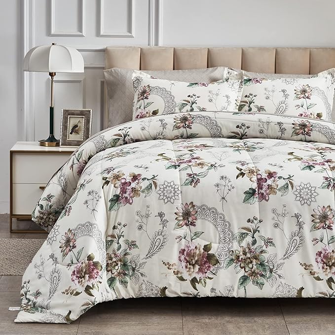 7 Pieces Bed in a Bag Queen Comforter Set with Sheets, Beige Floral Design, Soft Microfiber Bedding Sets for All Season (1 Comforter, 2 Pillow Shams, 1 Flat Sheet, 1 Fitted Sheet, 2 Pillowcases)