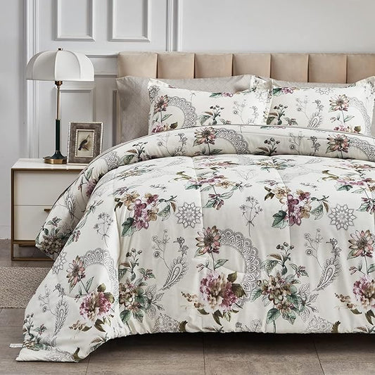 7 Pieces Bed in a Bag Queen Comforter Set with Sheets, Beige Floral Design, Soft Microfiber Bedding Sets for All Season (1 Comforter, 2 Pillow Shams, 1 Flat Sheet, 1 Fitted Sheet, 2 Pillowcases)