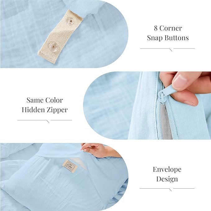 RRENEWROOTS Blue Twin Duvet Cover, 100% Sandwashed Cotton Soft Twin Size Duvet Cover Set 3 Pieces with Zipper Clousre & Corner Buttons (Blue, Twin 69 x 90)