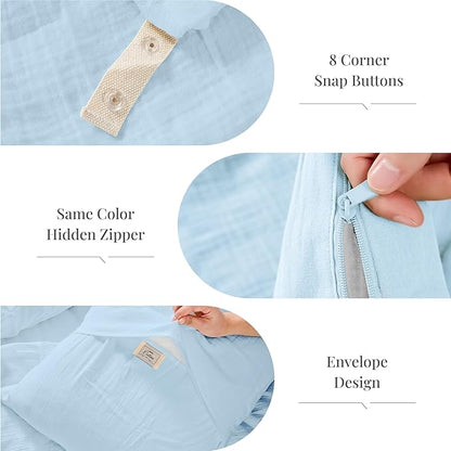 RRENEWROOTS Blue Twin Duvet Cover, 100% Sandwashed Cotton Soft Twin Size Duvet Cover Set 3 Pieces with Zipper Clousre & Corner Buttons (Blue, Twin 69 x 90)
