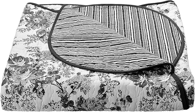 Wonderful 100% Cotton Black Floral Quilt Set Twin Size Bedding Sets with Pillow Sham and Bed Skirt, 3 Pieces Floral Bedspread Coverlet Set, Quilted Blanket Bed Cover for All Season, 66"x86"