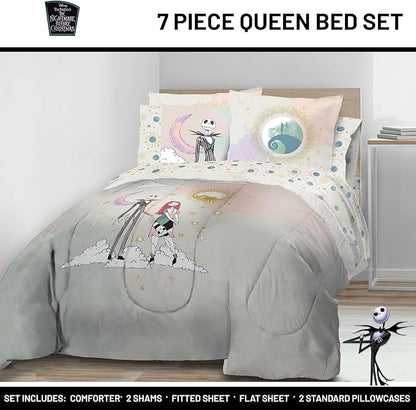 Disney Nightmare Before Christmas Queen Size Comforter Set - 7 Piece Jack and Sally Bedding Includes Sheet Set & Pillow Covers - Super Soft Ombre Bedding