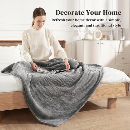 Electric Throw Blanket Heated Throw 50''x60''- Wheat Pattern Flannel & Sherpa Heated Lap Blanket with 5 Heat Settings & 4-Hour Auto Shut-Off, ETL & FCC Certified, Machine Washable Home Use, Grey