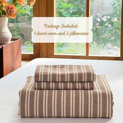 Striped Duvet Cover Set 100% Washed Cotton Linen Like Soft Feelling Breathable Bedding(Burnt Orange/White Strip,Twin)