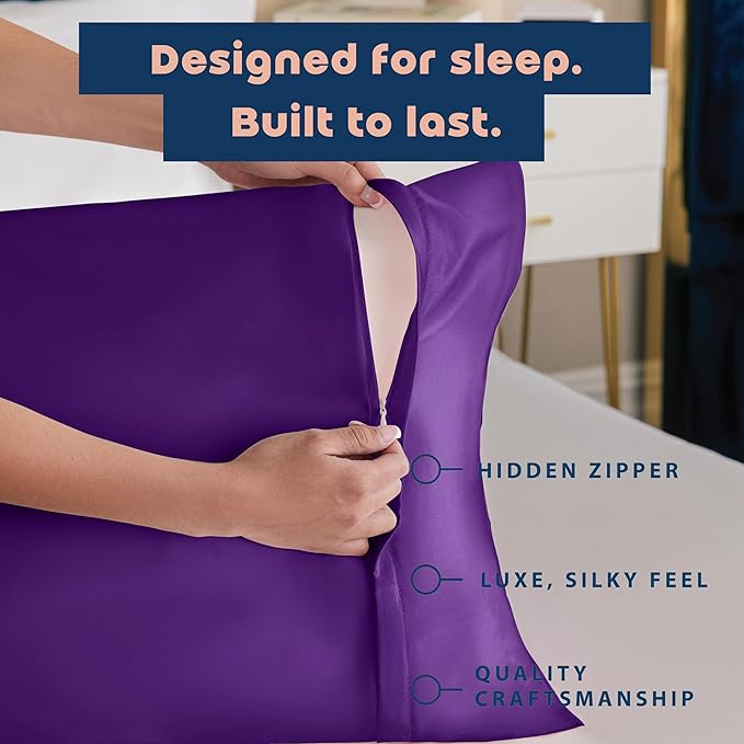 BLISSFORD Purple Satin Pillowcase with Zipper, for Hair and Skin Care, Feels Soft and Cool Like a Silk Pillowcase, Satin Pillow Cases 2 Pack, Slik Pillow Cover, Grape/Purple, Queen Size - Set of 2