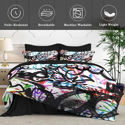5 Pcs Twin Size Comforter Set with Pillowcase & Sham, Abstract Graffiti Bedding for Kids and Adults, Urban Modern Fashion Bed in a Bag with Flat Fitted Sheet