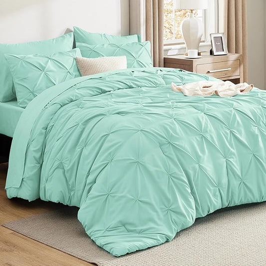 Bedsure Twin Comforter Set Mint Green - Bed in a Bag Twin Size Bedding 5 Pieces, GentleSoft™ Pintuck Bed Set Gift for Family, Pinch Pleat Mint Green Comforter with Sheets, Pillowcase & Sham