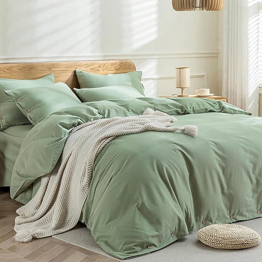JELLYMONI Cotton Duvet Cover Cal King Size - Light Green Comforter Cover with Button 100% Washed Cotton 3PCS Breathable Soft Solid Bedding Set Duvet Cover 104×98in & 2 Pillowcases (NO Comforter)