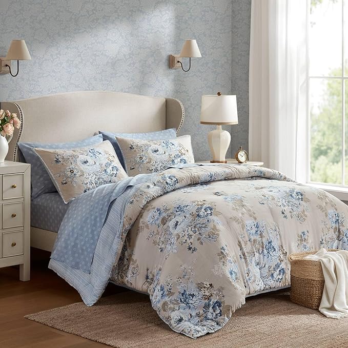 Madison Park Essentials Floral Comforter Set Twin XL Size, Vintage Flower Bedding Set with Sheet Set, 5 Pieces Bed in a Bag, Reversible Botanical Comforter, Pillowcases & Shams, Heather, Beige/Blue