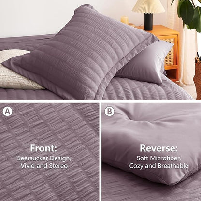 CozyLux Oversized King Comforter Set Dusty Purple Seersucker 7 Pieces 120x98 Bed in a Bag Comforter Set with Sheets, Grayish Purple Bedding Set Down Alternative Comforter, Sheets, Pillowcases & Shams