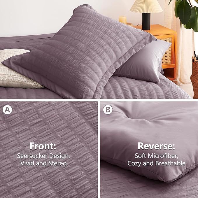 CozyLux King Size Comforter Set Dusty Purple Seersucker 7 Pieces Bed in a Bag King Comforter Set with Sheets, Grayish Purple Luxury Bedding Set Down Alternative Comforter, Sheets, Pillowcases & Shams