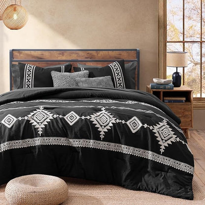 MaiRêve Embroidery Comforter Set, Boho Farmhouse Western Bedding Set, All Season Bed in A Bag Comforter Set with Sheets, Pillowcases & Shams, Black Full 7 Pieces