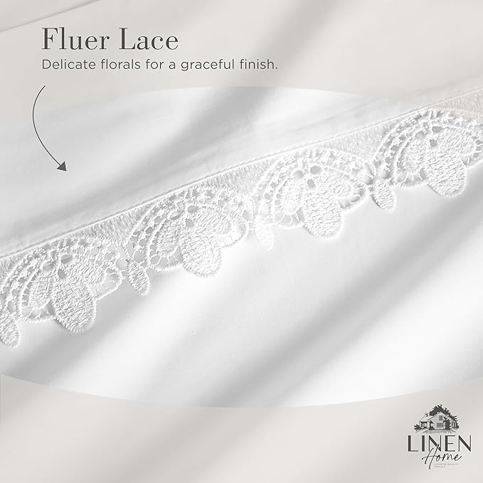 Linen Home 100% Cotton Percale Fluer Lace Pillowcases Queen/Standard Size, White, 2 Pieces of Pillow Case, Crisp and Cool Strong Bed Linen, 20 inches X 30 inches