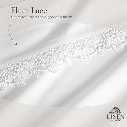 Linen Home 100% Cotton Percale Fluer Lace Pillowcases Queen/Standard Size, White, 2 Pieces of Pillow Case, Crisp and Cool Strong Bed Linen, 20 inches X 30 inches