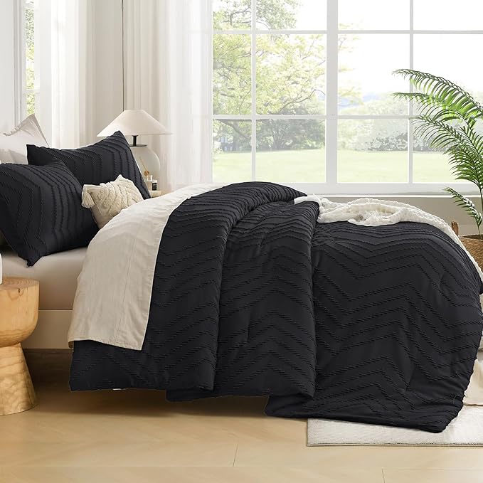 Andency Black Comforter Full Size, Boho Soft Fluffy Warm Lightweight Bedding Comforter Sets for Full Bed, 3 Pieces Chevron Tufted Aesthetic Microfiber Lightweight Comforter Set