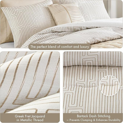 Madison Park Queen Comforter Set Jacquard Metallic Thread Comforters Queen Size Bed, All Season Comforter & Quilt Bedding Set Queen Size Comforter, Decor Pillows, Shams, Royce, Queen Ivory 5 Piece