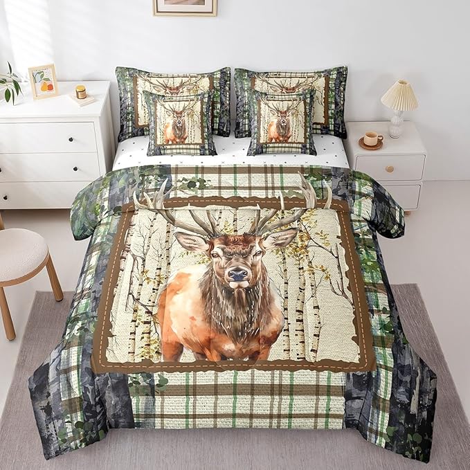Erosebridal Elk Deer Bed in a Bag Queen Comforter Set 7 Piece,Woodland Animals Bedding Sets Buffalo Plaid Sheet Set with Comforter