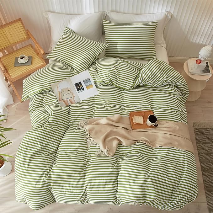 mixinni Striped Comforter Set Queen Size - Green White Stripes Pattern Bed Set for All Season, 3 Pieces Lightweight Bedding Comforter Sets for All Seasons (1 Soft Fluffy Comforter + 2 Pillowcases)