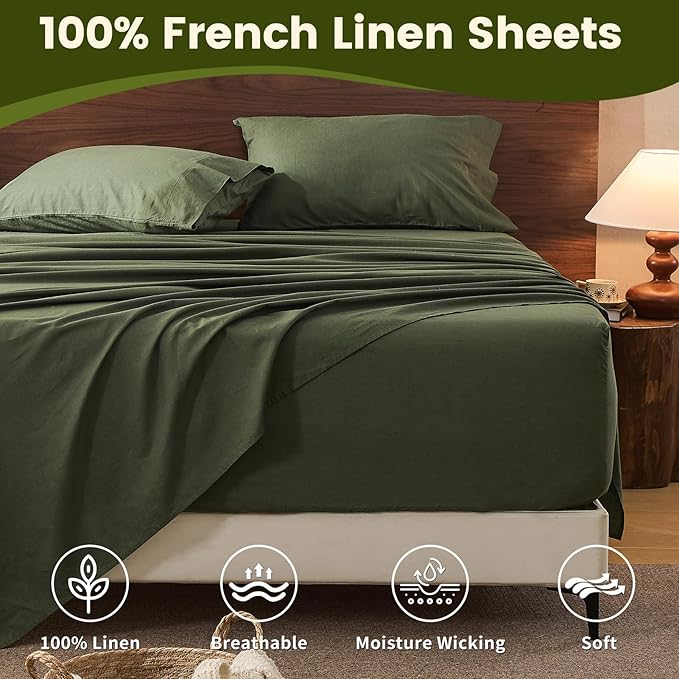 100% Linen Sheet Set King Size Extra Deep Pocket Fits 18-24 Inch Mattress, Breathable & Soft, Smooth 4-Piece Set for Thick Mattresses Hotel Luxury Bedding（King, Forest Green）