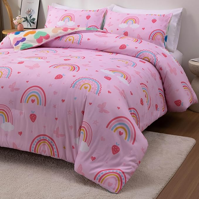 Btargot Lightweight Soft 3 Piece Rainbow Comforter Set with 2 Pillow Covers, Cartoon Butterfly Leaves Flowers Bedding Set for Girls Boys Kids, Full Pink