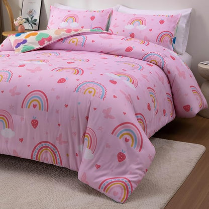 Btargot Lightweight Soft 3 Piece Rainbow Comforter Set with 2 Pillow Covers, Cartoon Butterfly Leaves Flowers Bedding Set for Girls Boys Kids, Twin Pink