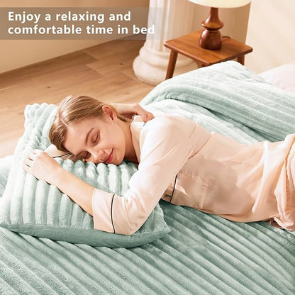 CozyLux Fluffy King Size Comforter Set - Super Soft Faux Fur Sage Green Comforter King Size, Winter Warm Fleece Bedding Set, 3 Pieces Plush Fuzzy Bed Set (1 Shaggy Comforter, 2 Pillowcases)