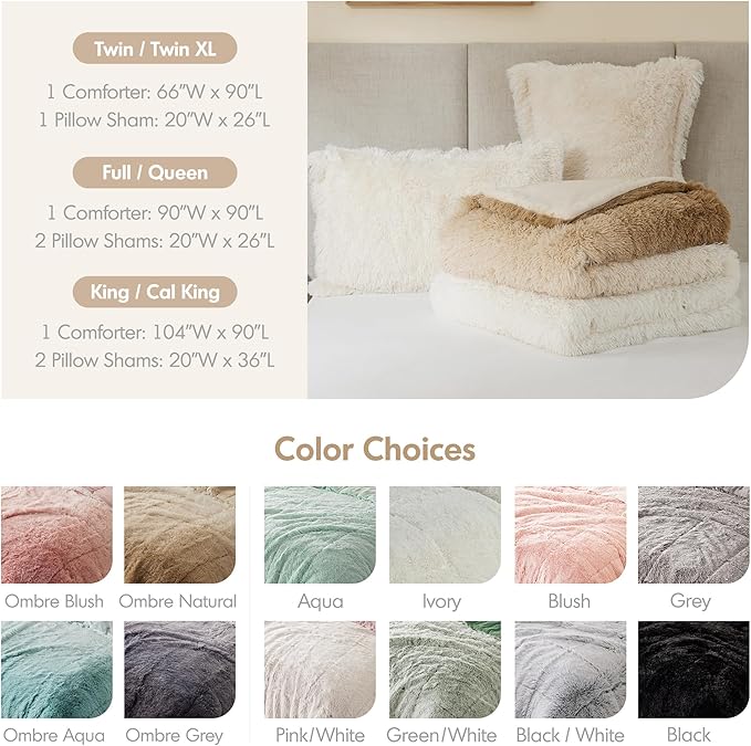 Intelligent Design Long Shaggy Faux Fur Comforter Set, Soft Plush Reverse, Chic Ombre Design Twin Size Comforter Sets, All Season Bedding Set, Matching Sham, Brielle, Twin/Twin XL(66"x90") Natural