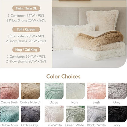 Intelligent Design Long Shaggy Faux Fur Comforter Set, Soft Plush Reverse, Chic Ombre Design Queen Size Comforter Sets, All Season Bedding Set, Matching Sham, Brielle, Full/Queen(90"x90") Natural