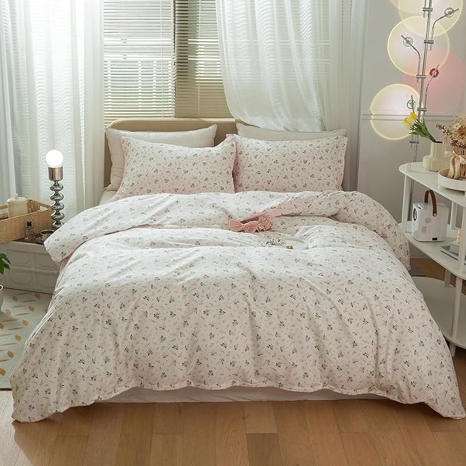 VM VOUGEMARKET Garden Flower Comforter Set Queen 3 Pcs White Pink Floral Bedding Set with 2 Pillowcases Aesthetic Comforter Set for Girls Women 90"x90"