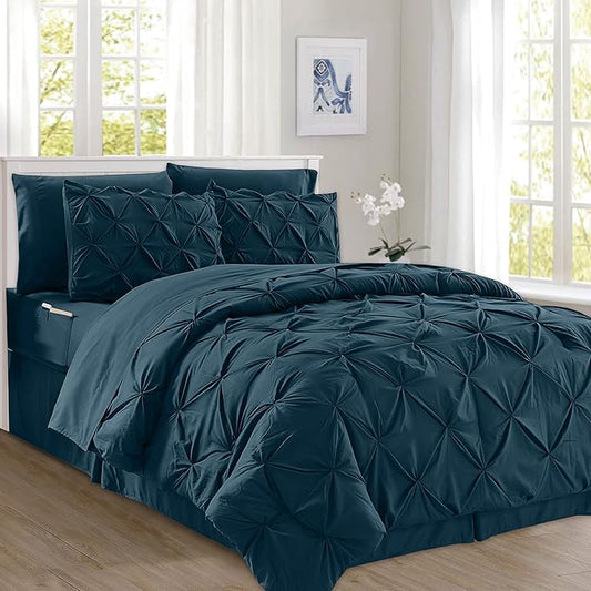 Elegant Comfort 8-Piece Pinch Pleated Comforter Set - All Season Complete Bed in a Bag, Includes 4pc Smart Sheet Set, Bed Skirt, Comforter, Matching Pillowcases and Shams, Twin/Twin XL, Sapphire Blue