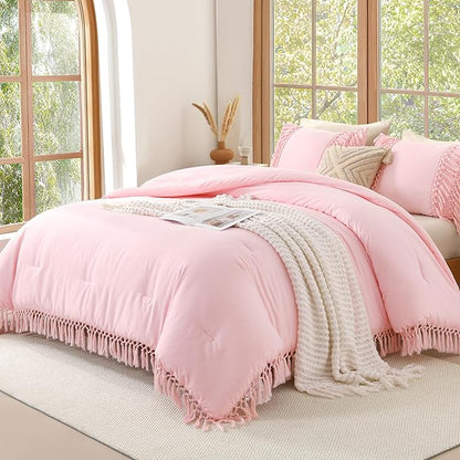 Andency Light Pink Comforter Set California King, 3 Pieces Boho Cal King Tassel Lightweight Soft Bedding Comforter Sets, Oversized Bed Set (104x96In Comforter & 2 Pillowcases)