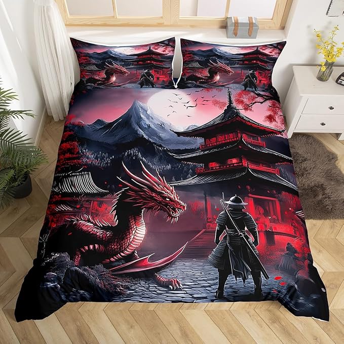 Feelyou Dragon Bedding Set Full Size Kids Samurai Comforter Cover Set for Boys Japanese Style 3D Dragon Theme Anime Ancient Wildlife Duvet Cover Red Bedspread Cover Room Decor Quilt Cover,No Comforter