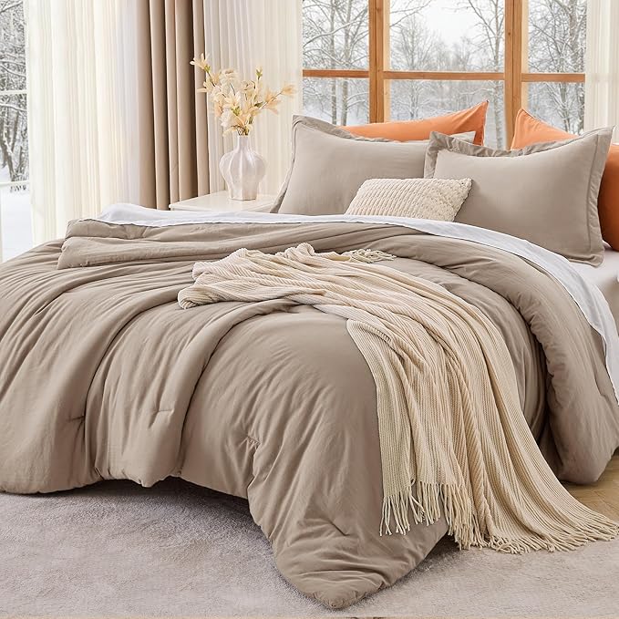 MUXHOMO King Size Comforter Set, All Season Ultra Soft Down Alternative Bedding - 3 Piece Lightweight Bed Set Includes 1 Comforter (104"x90") and 2 Pillow Shams (20"x36"), Dark Linen