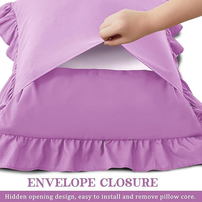 KKJIAF Ruffle Pillow Cases Standard Size Set of 2, Ruffled Pillow Covers with Envelope Closure, Wrinkle Resistant Ruffled Pillow Shams 20" x 26", Lavender