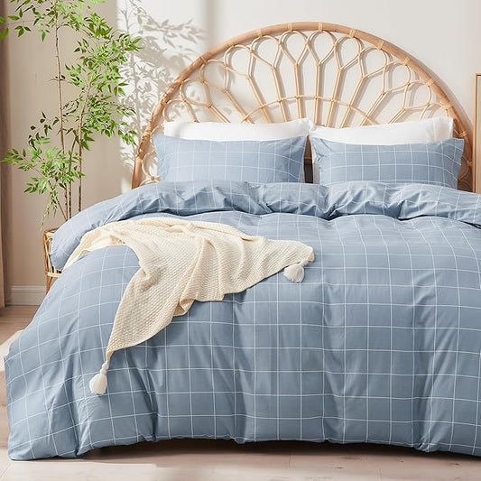 JELLYMONI 100% Natural Cotton 3pcs Plaid Duvet Cover Sets, Checkered Full Comforter Cover, 1 Duvet Cover and 2 Pillow Cases with Zipper Closure & Corner Ties, Grayish Blue