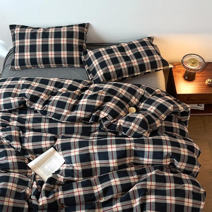 EAVD Vintage Black Plaid Gingham Comforter Set Full Soft 100% Washed Cotton Black&Green&Red Grid Checkered Bedding Set with 2 Pillowcases Farmhouse Retro Plaid Comforter Set for All-Season