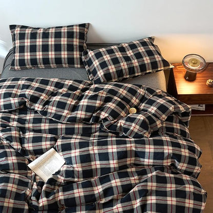 EAVD Vintage Black Plaid Gingham Comforter Set Full Soft 100% Washed Cotton Black&Green&Red Grid Checkered Bedding Set with 2 Pillowcases Farmhouse Retro Plaid Comforter Set for All-Season
