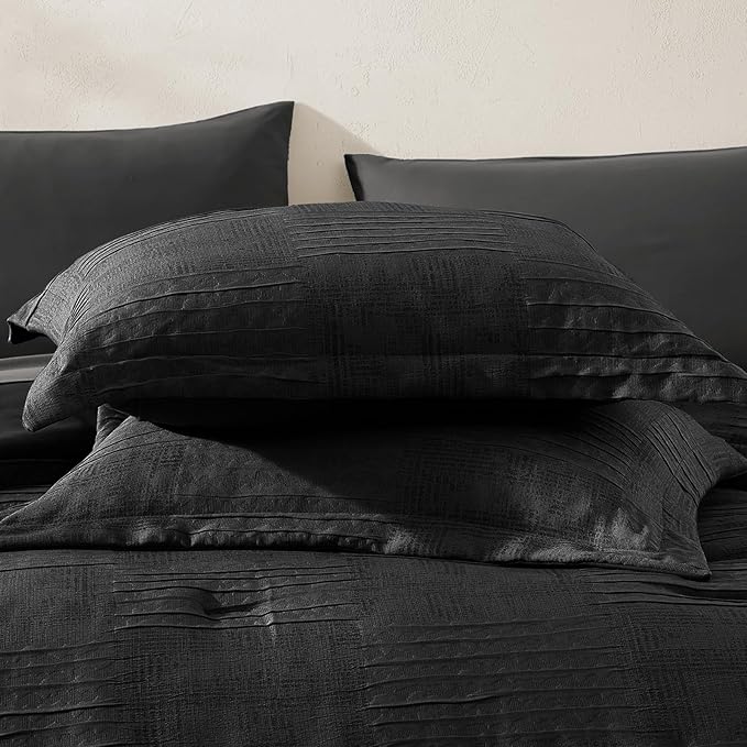 MaiRêve Full Size Comforter Sets Black, Textured Design Crinkle Bedding Sets 7 Pieces, All Season Bed in A Bag with Comforter, Sheets, Pillowcases & Shams