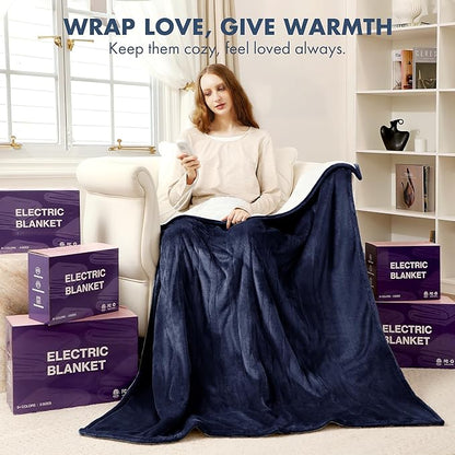 Electric Heated Blanket Twin 62" x 84" - Soft Cozy Flannel Sherpa Electric Blanket Twin Size with 5 Heating Levels & 10 Hours Auto Off, Heated Blanket for Women, ETL Certified (Navy)