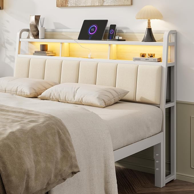 Queen Headboard Only with Storage, Upholstered Headboards for Queen Size Bed with LED Light, Charging Station, Height Adjustable, Sturdy and Stable Headboard, Off White