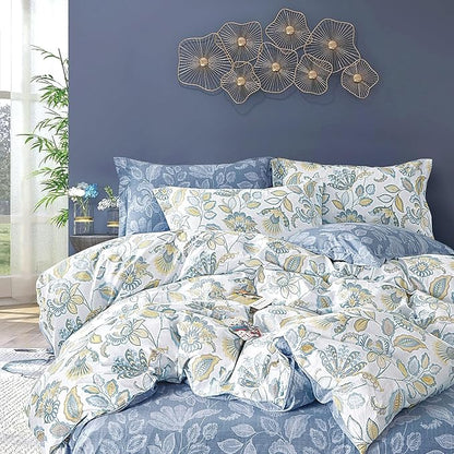 Vintage Botanical Cotton Comforter Queen Size 3PC - Lavish Floral on Bluish White with Frost Blue Back, Reversible Lightweight Comforter Set with Soft Fill(90"×90")