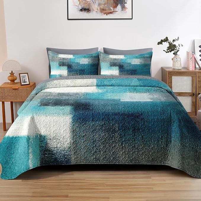 Quilt Set King Size, Turquoise Grey Painting 3 Pcs Soft Bed Cover Bedding Set for Kids and Adults, Teal Contemporary Gray Lightweight Bedspread Coverlet with Pillow Sham for All Season