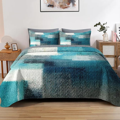 Quilt Set Twin Size, Turquoise Grey Painting 2 Pcs Soft Bed Cover Bedding Set for Kids and Adults, Teal Contemporary Gray Lightweight Bedspread Coverlet with Pillow Sham for All Season