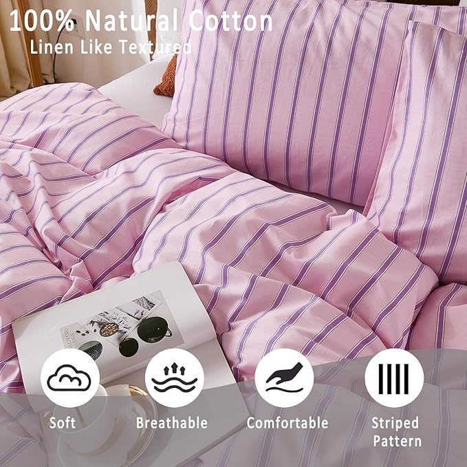 Merryword 100% Cotton Duvet Cover Set King Size - Pink & Purple Striped Bedding Set with Zipper & Corner Ties, 3-Piece Luxury & Silky Soft Bedding Set for All Seasons