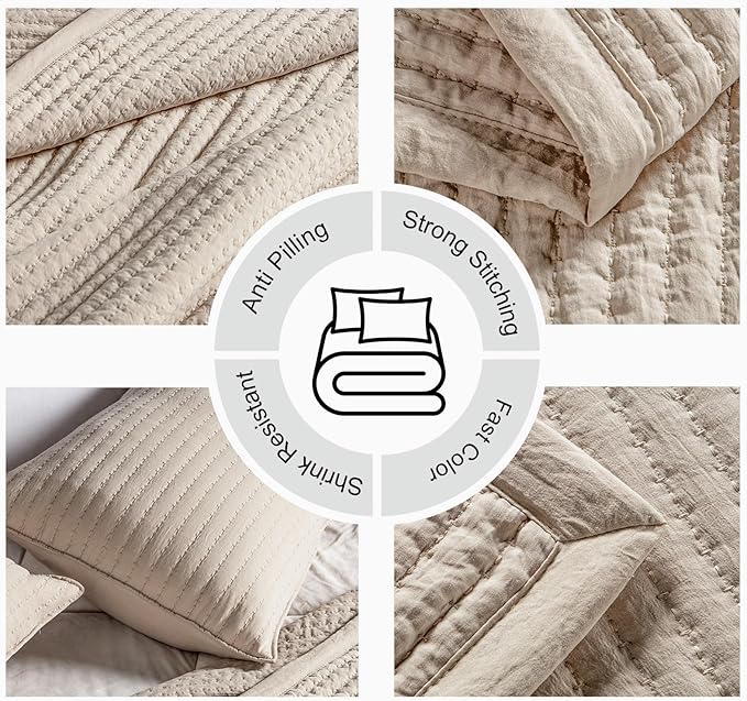 King Quilt Set – 104"x90" Soft Washed 3-Layer Lightweight Bedspread with Multi-Lock Quilting, Minimalist Nordic Bedding, All-Season Quilt Set for Spring & Summer (1 Quilt + 2 Pillow Shams), Oatmeal