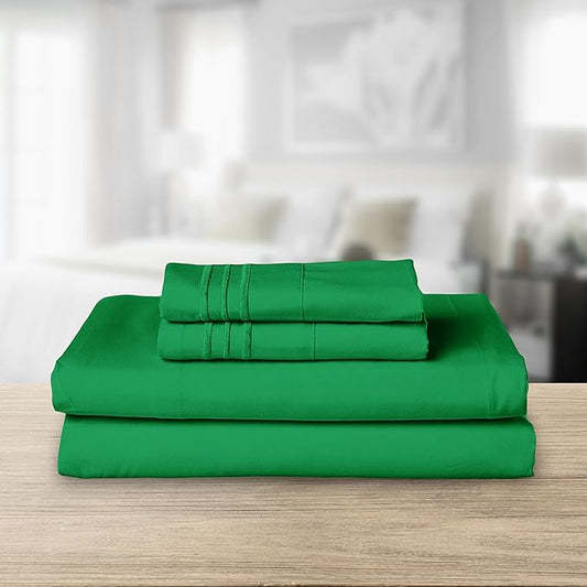 Elegant Comfort Luxurious 1500 Premium Hotel Quality Microfiber Three Line Embroidered Softest 4-Piece Bed Sheet Set, Wrinkle and Fade Resistant, Queen, Emerald Green