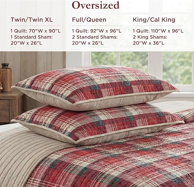 Woolrich Reversible Quilt Cabin Lifestyle Design - All Season, Breathable Coverlet Bedspread Bedding Set, Matching Shams, Oversized Full/Queen, Tasha Plaid Red/Tan 3 Piece