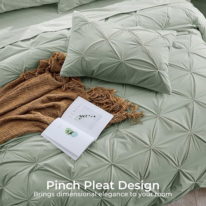 Sasttie Full Size Comforter Set, 7-Piece Bed in a Bag, Pintuck Bedding Set for All Season, Includes Comforter, Flat Sheet, Fitted Sheet, Pillowcases and Pillowshams, Dusty Green