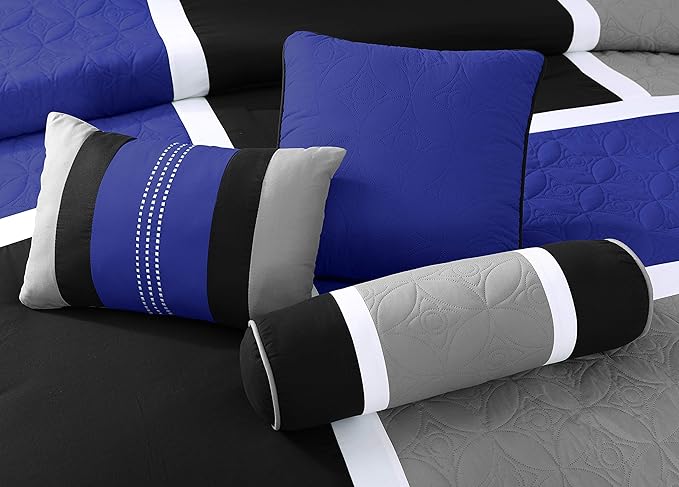 Chezmoi Collection Upland 7-Piece Quilted Patchwork Comforter Set, Blue/Black/Gray, Queen