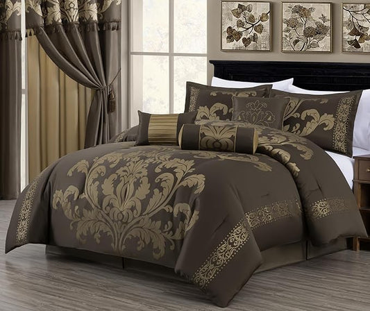Chezmoi Collection 7-Piece Jacquard Floral Comforter Set (Queen, Coffee/Gold)